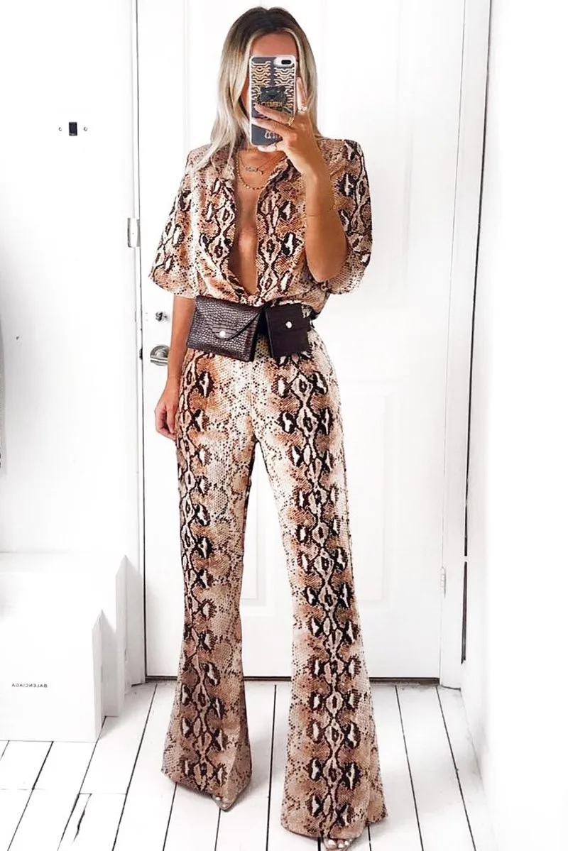 Apricot Snake Print Shirt And Flared Trousers Co-ord - Fryda