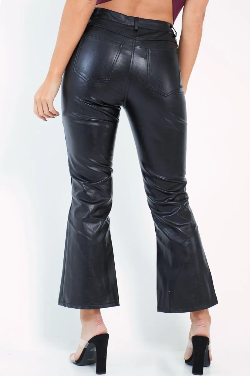 Black Faux Leather Kick Flare Trousers - Nomie