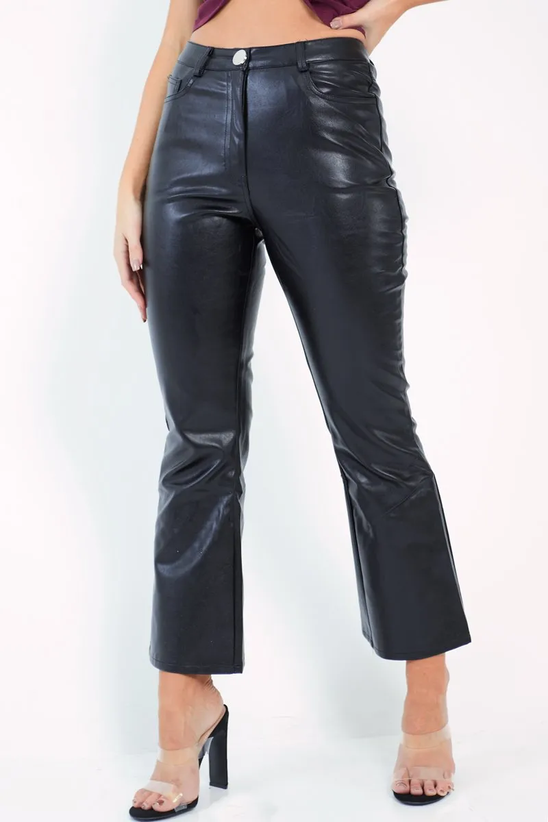 Black Faux Leather Kick Flare Trousers - Nomie