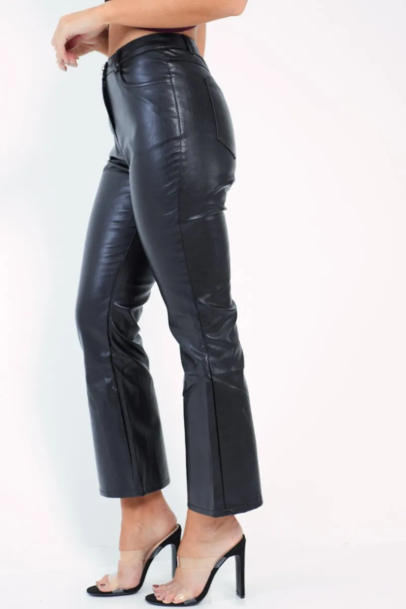 Black Faux Leather Kick Flare Trousers - Nomie