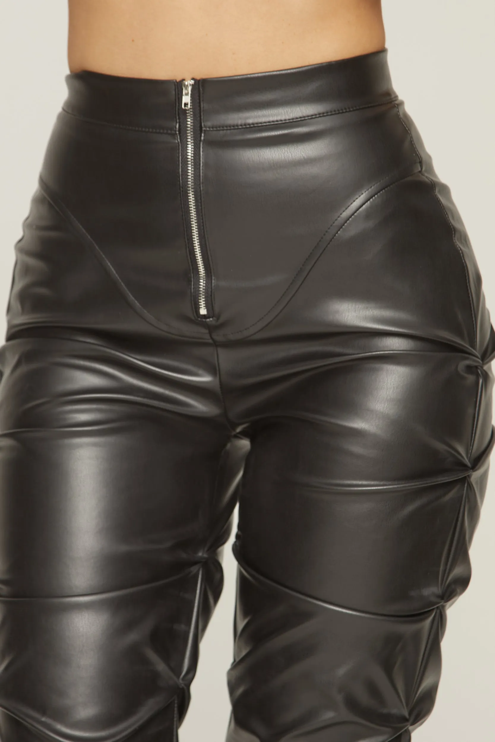 Black Faux Leather Ruching Detail Trousers - Aneth