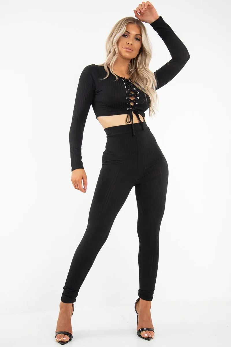 Black Lace Up Rib Crop Top Trousers Loungewear Set - Jesi