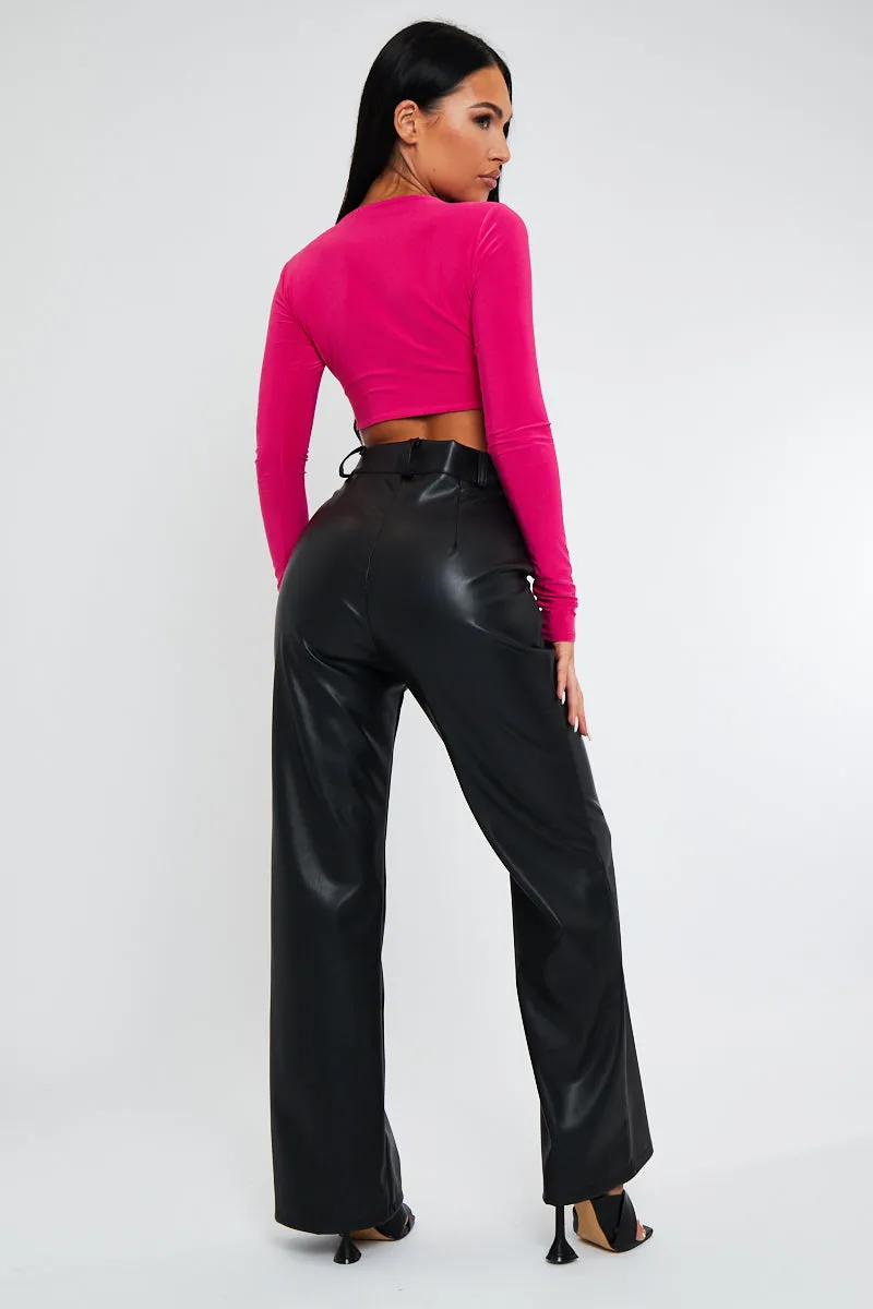 Black Straight Leg PU Leather Trousers - Moxxi