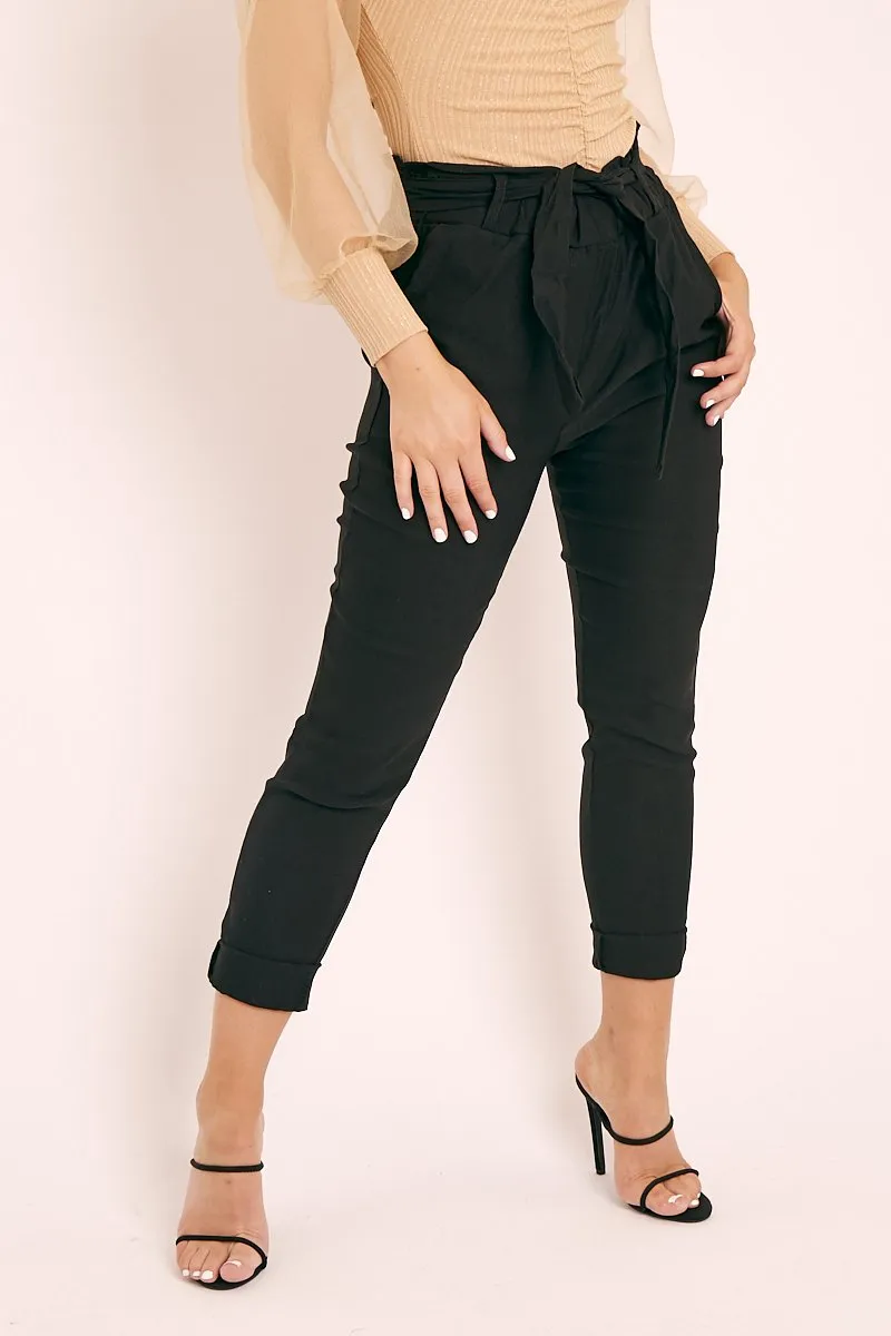 Black Tie Belt Paperbag Waist Trousers - Jaylea