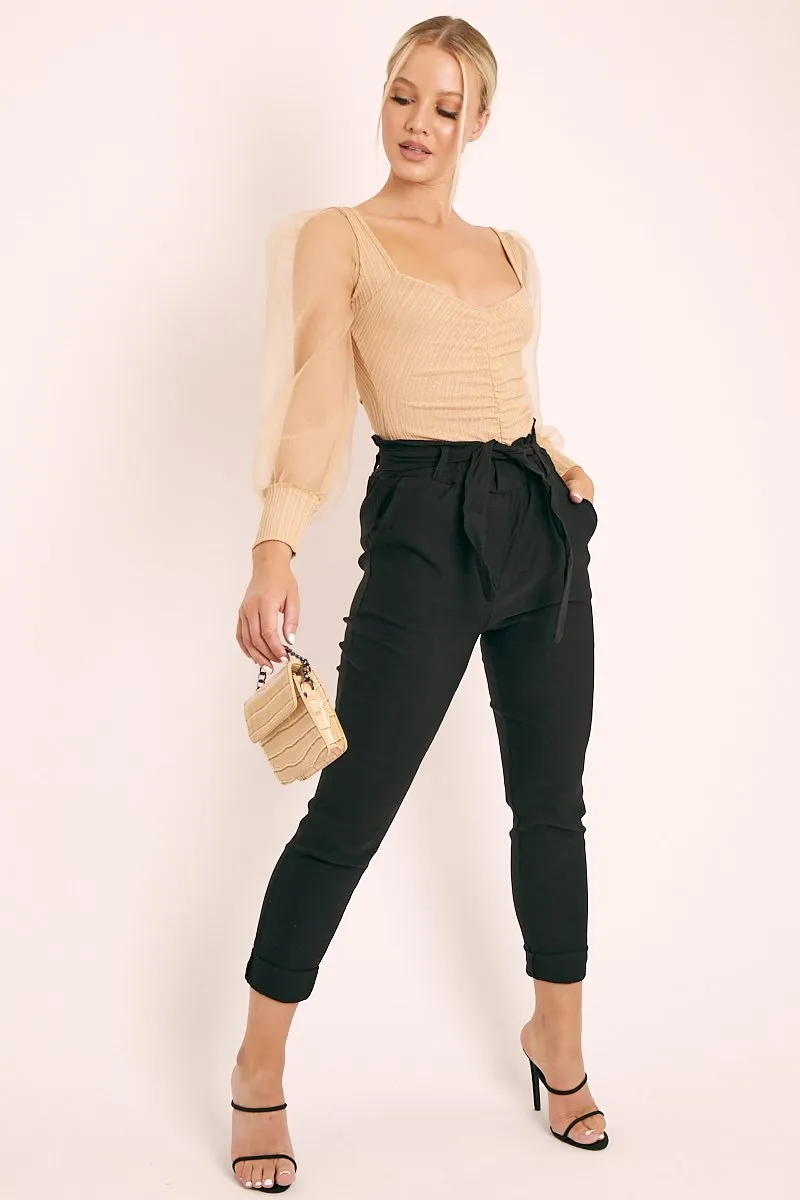 Black Tie Belt Paperbag Waist Trousers - Jaylea