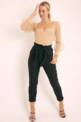 Black Tie Belt Paperbag Waist Trousers - Jaylea