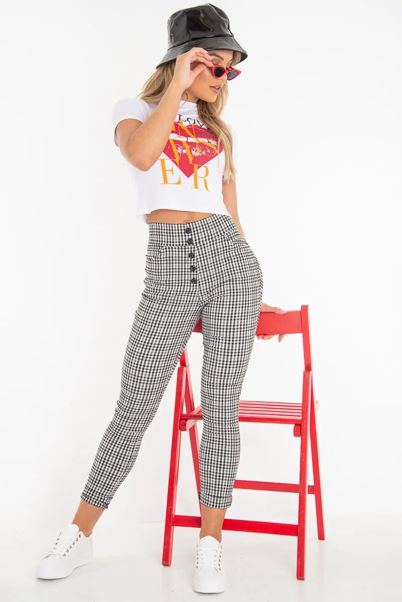 Black White Check Button Front Skinny Leg Trousers - Simone