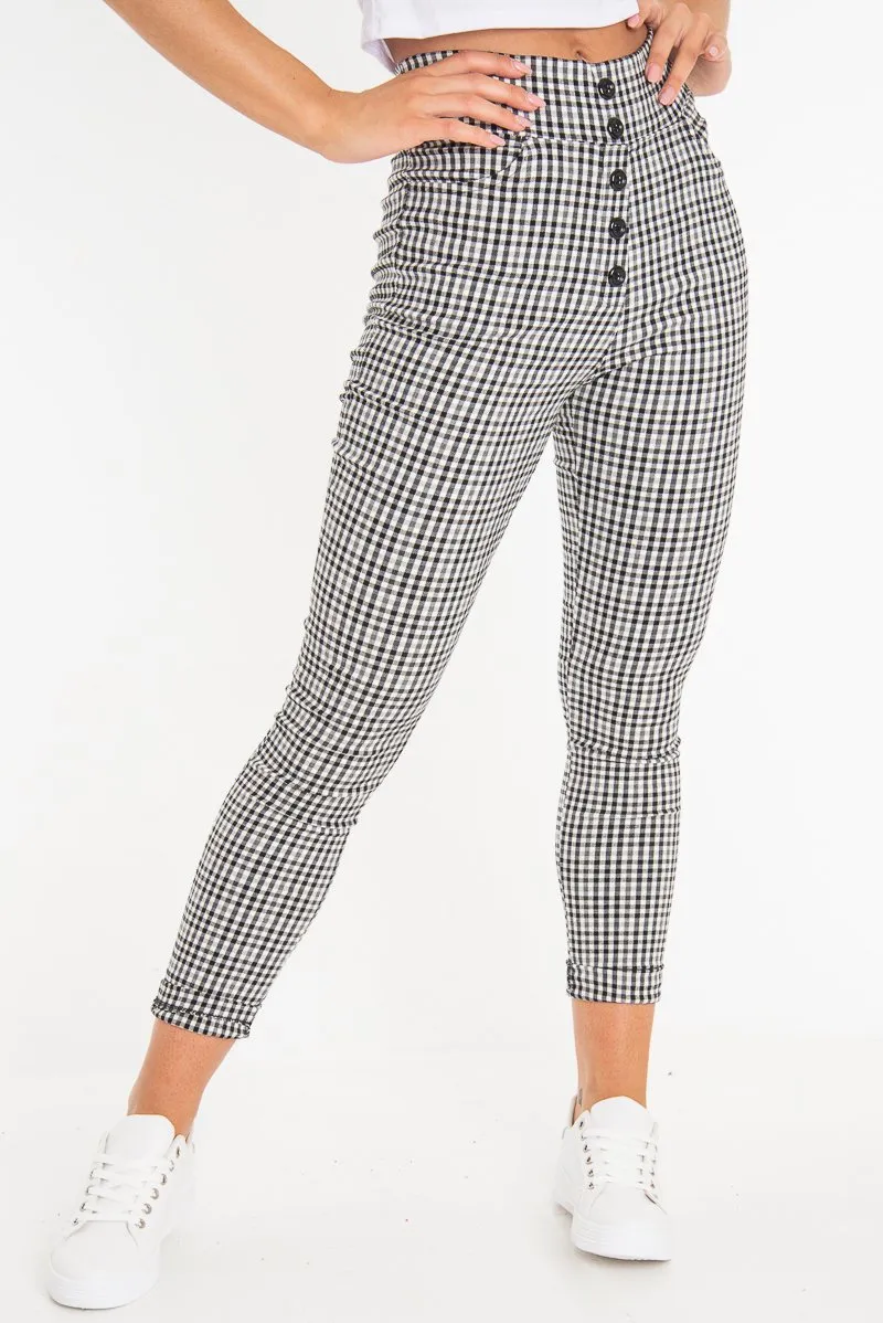 Black White Check Button Front Skinny Leg Trousers - Simone