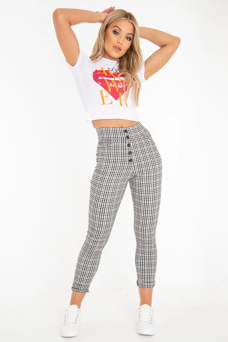 Black White Check Button Front Skinny Leg Trousers - Simone