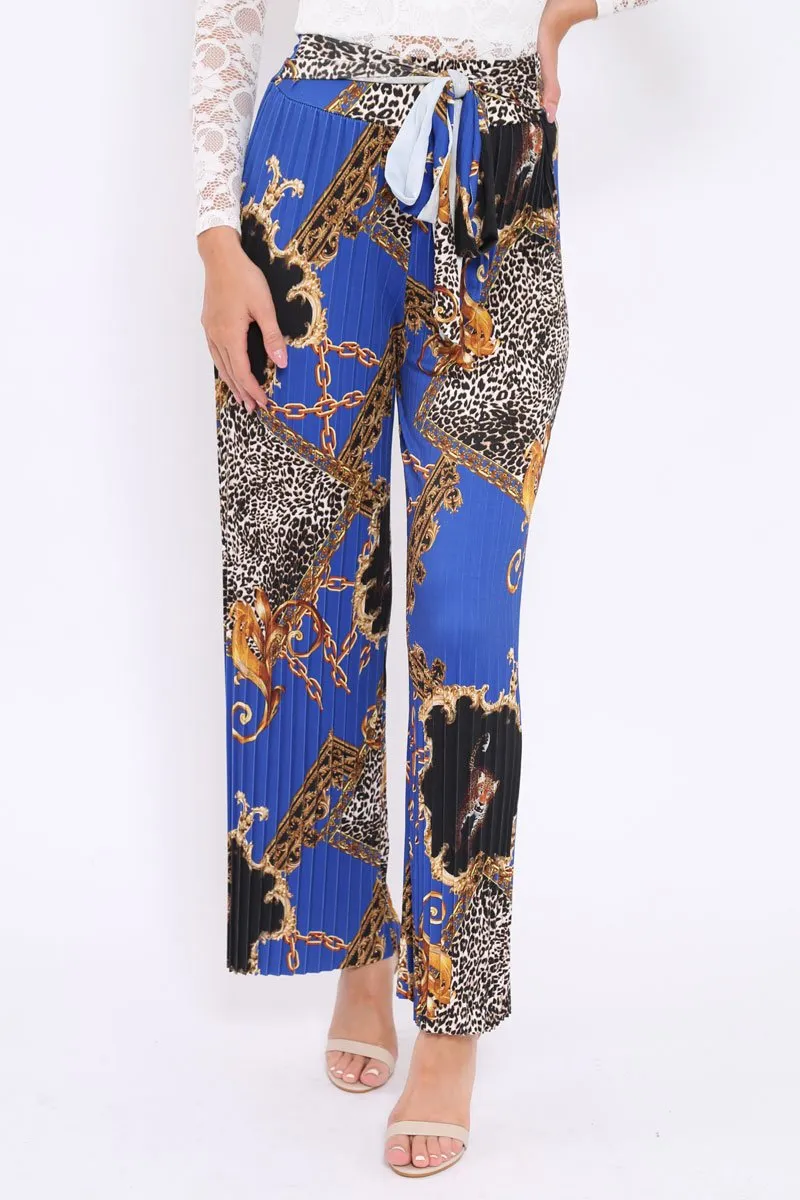 Blue Chain Leopard Pleated Wide Leg Trousers - Bess