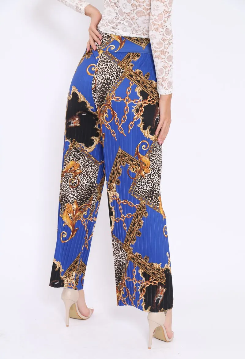 Blue Chain Leopard Pleated Wide Leg Trousers - Bess