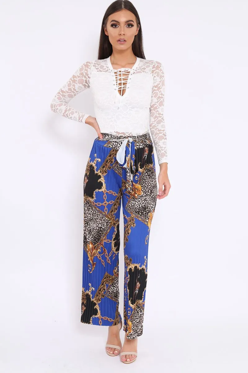 Blue Chain Leopard Pleated Wide Leg Trousers - Bess