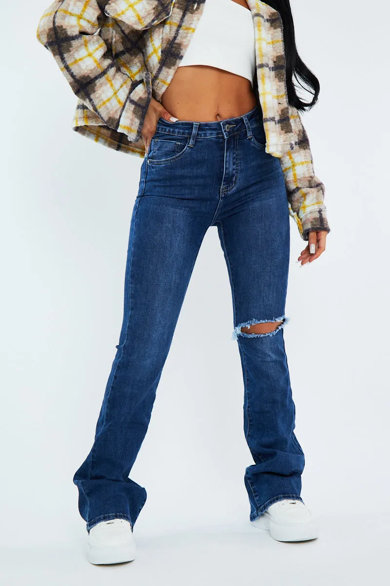 Blue High Waist Distressed Knee Flare Jeans - Carlee