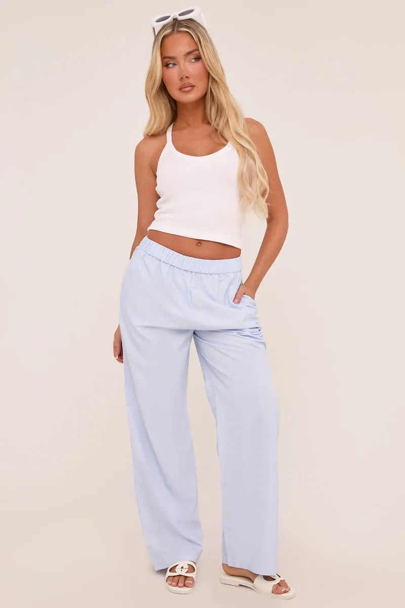 Blue Pinstripe Elasticated Waist Straight Leg Trousers - Darcie