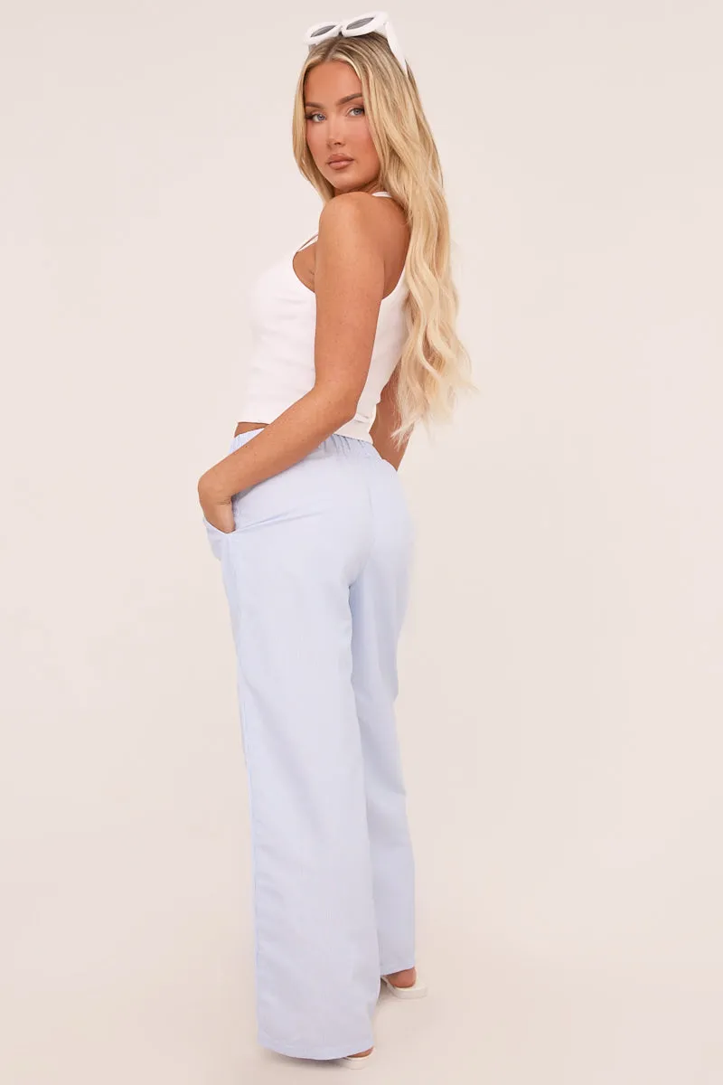 Blue Pinstripe Elasticated Waist Straight Leg Trousers - Darcie