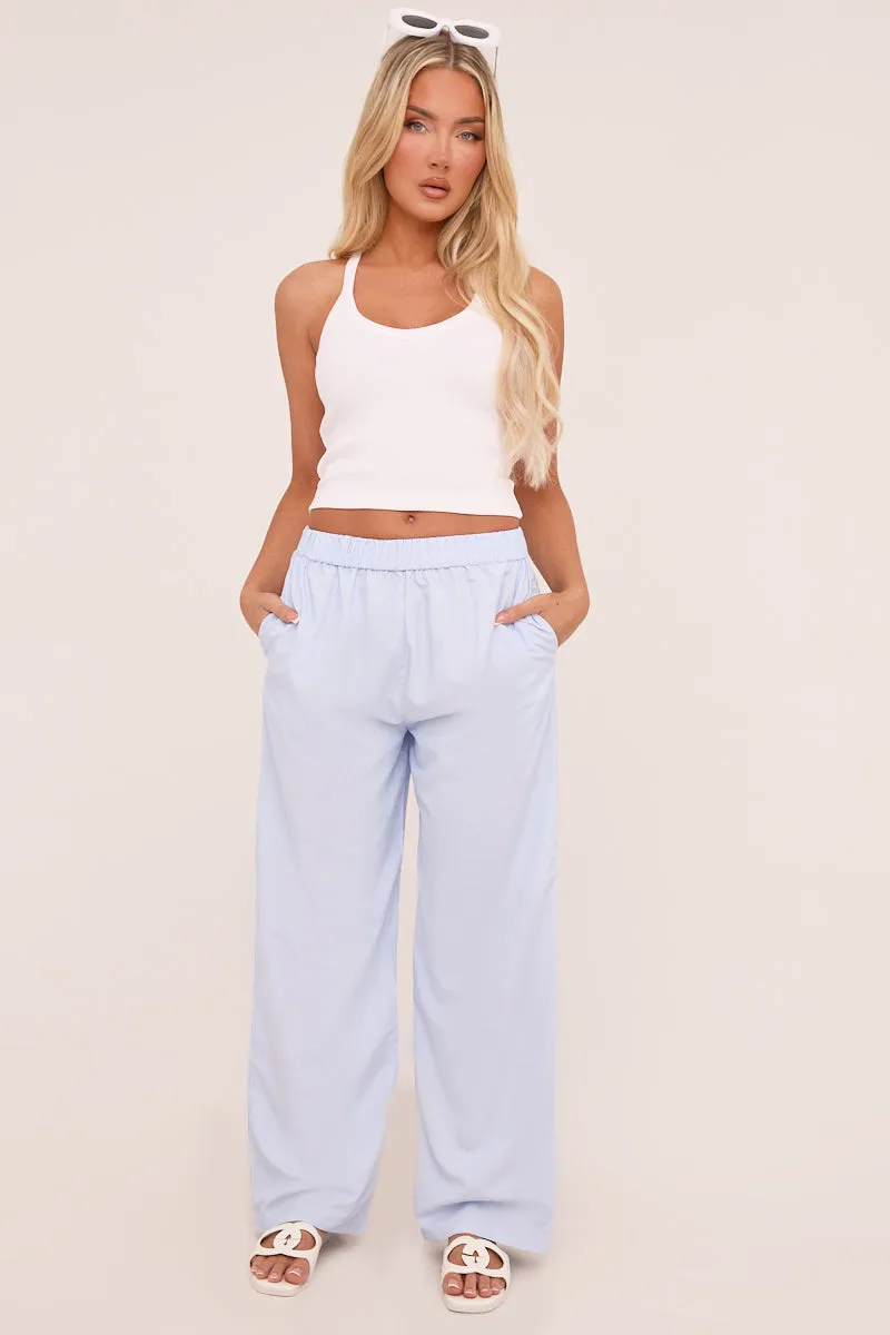 Blue Pinstripe Elasticated Waist Straight Leg Trousers - Darcie