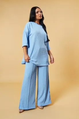 Blue Textured Knit Trousers & Oversized Top Co-ord Set - Cecelia