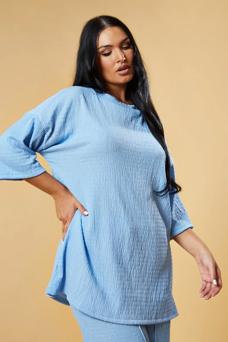 Blue Textured Knit Trousers & Oversized Top Co-ord Set - Cecelia