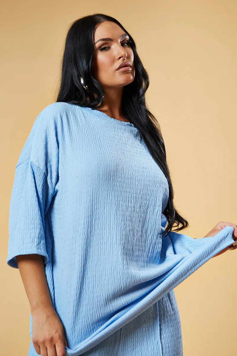 Blue Textured Knit Trousers & Oversized Top Co-ord Set - Cecelia