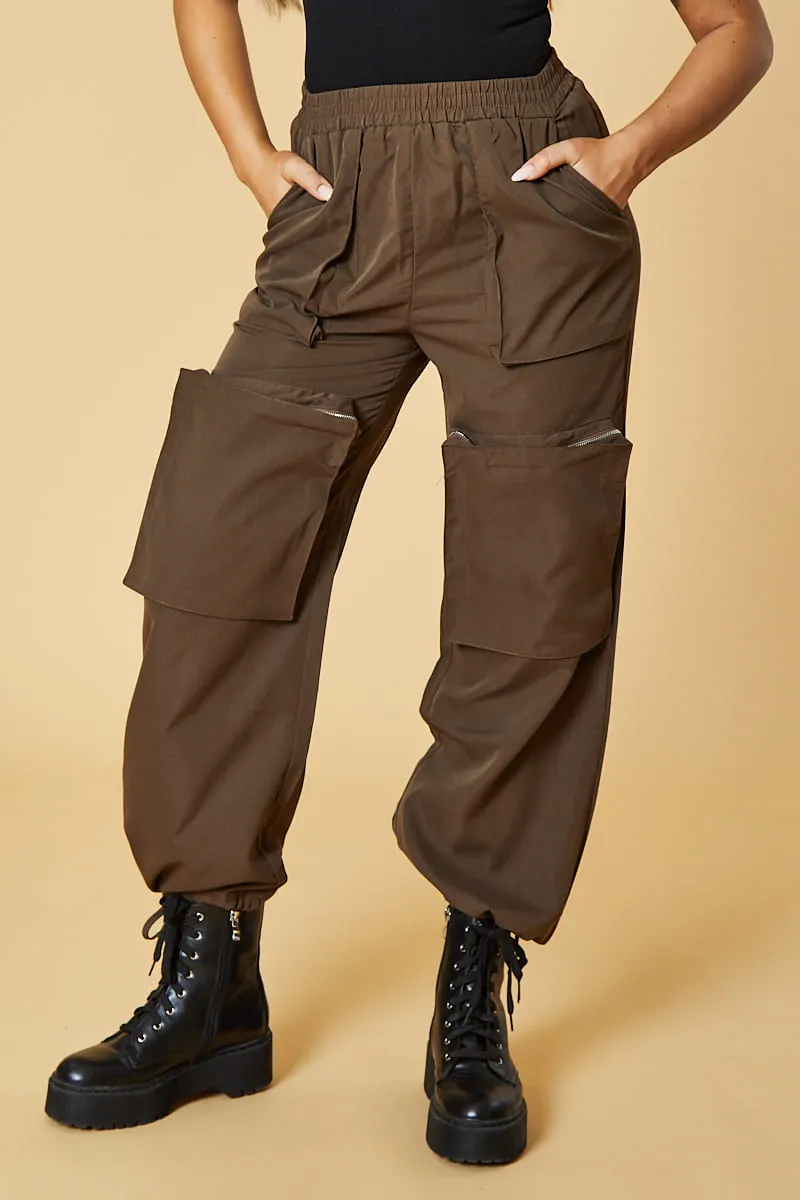 Brown Oversized Pocket Detail Cargo Trousers - Juri