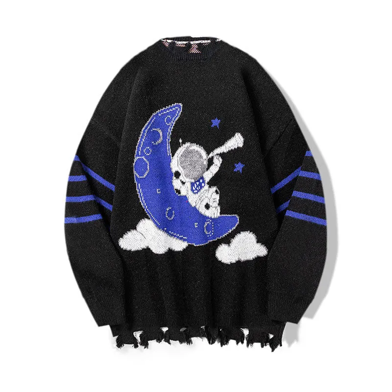 Casual Cartoon Astronaut Print Long Sleeve Knitwear