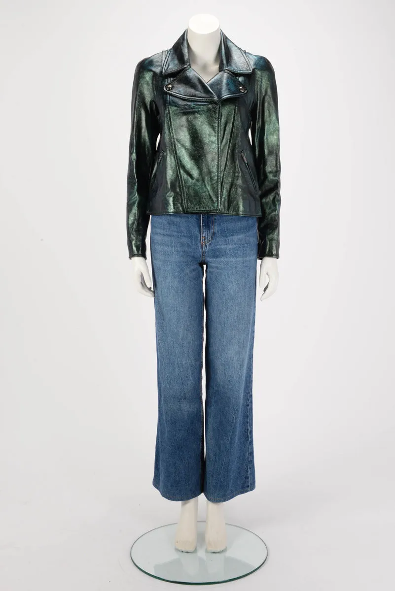 Chanel Green Iridescent Lambskin Biker Jacket FR 34