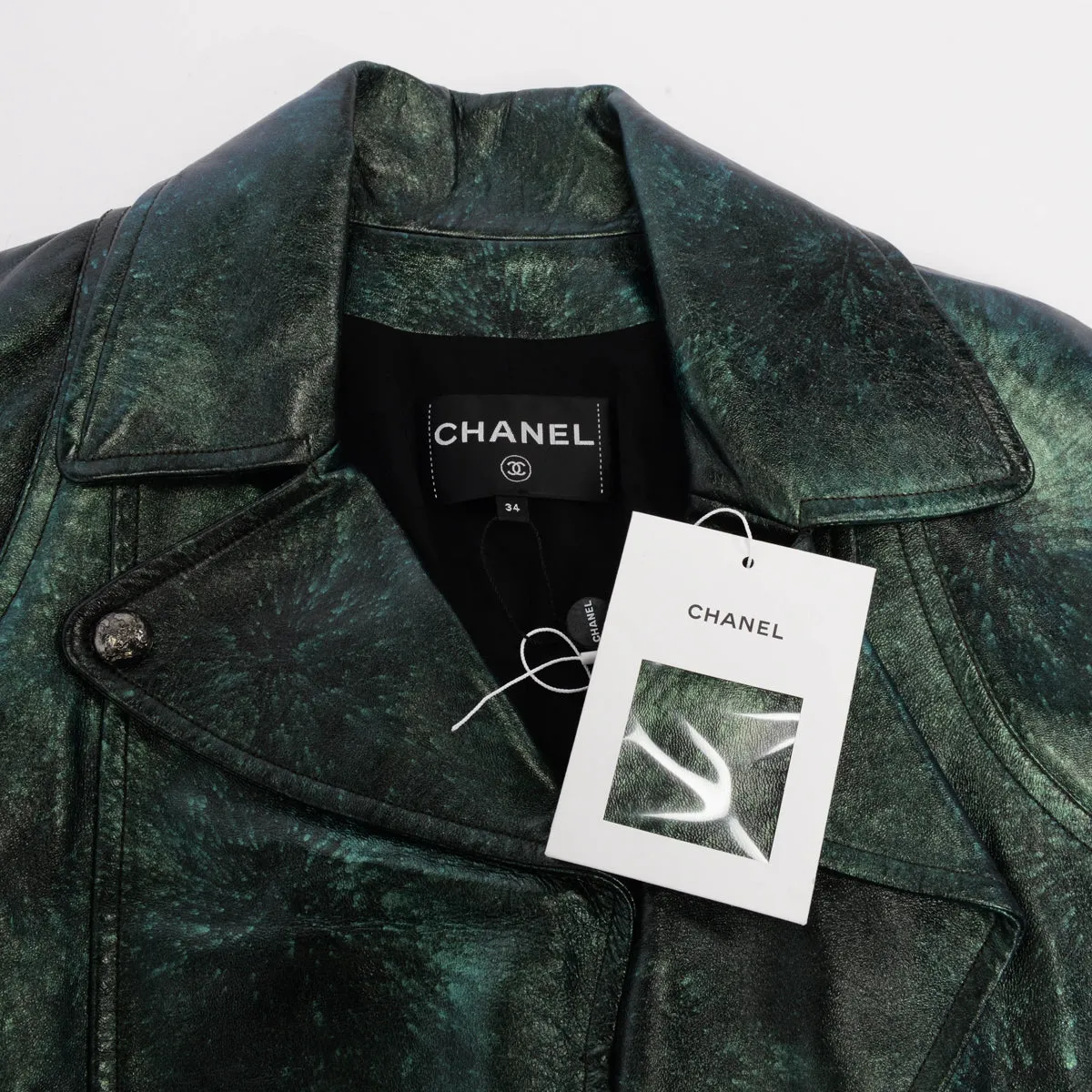 Chanel Green Iridescent Lambskin Biker Jacket FR 34