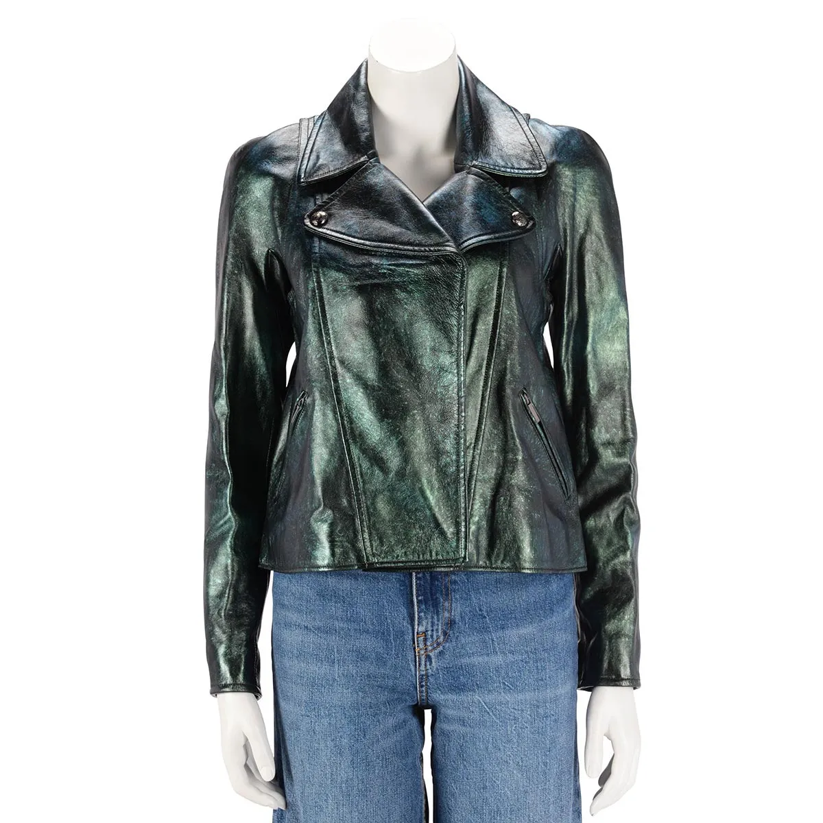 Chanel Green Iridescent Lambskin Biker Jacket FR 34