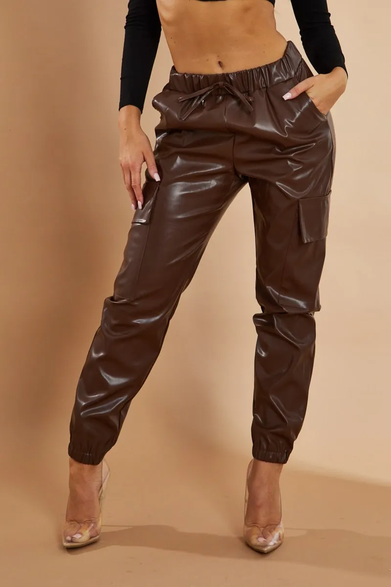 Chocolate Brown Faux Leather Cuffed Cargo Trousers - Beverly