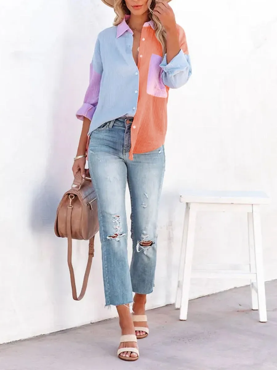 Color Block Textured Johnny Collar Blouse