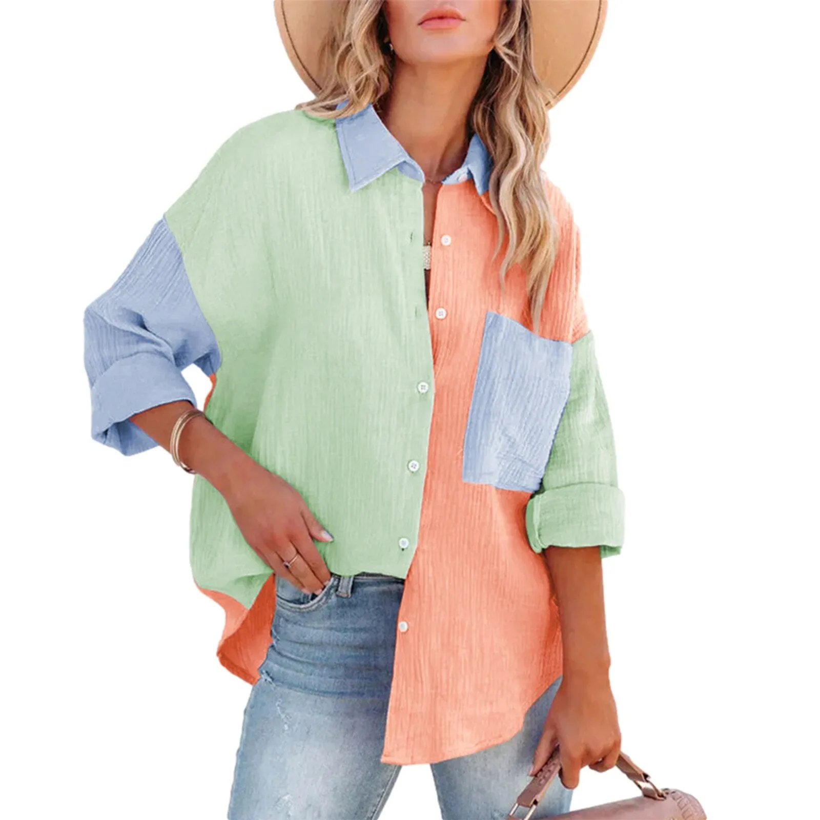 Color Block Textured Johnny Collar Blouse