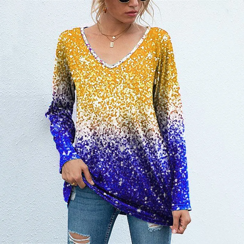 Colorblock printed long-sleeved V-neck casual loose top