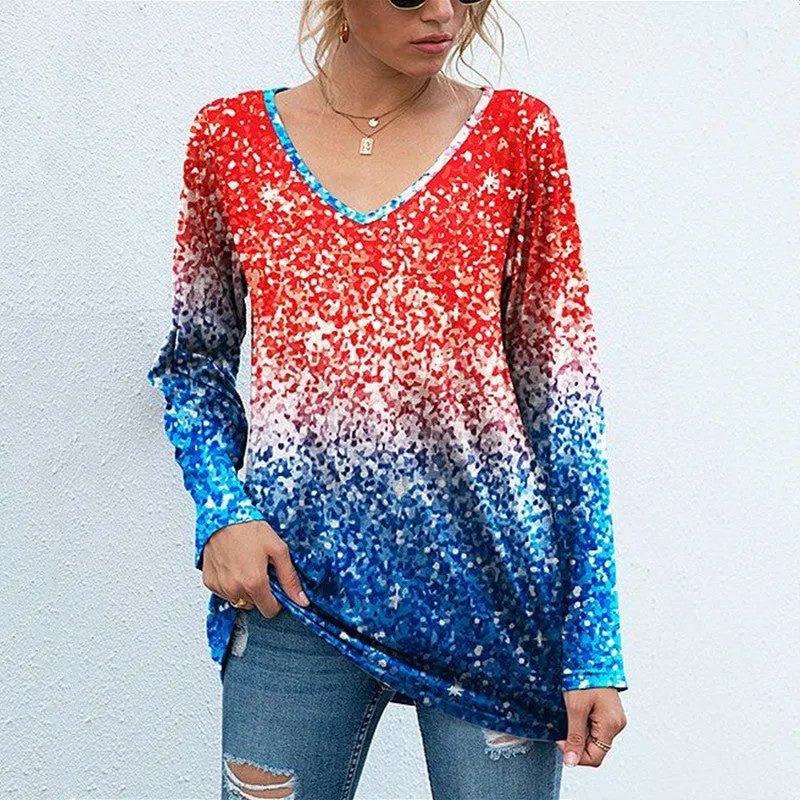 Colorblock printed long-sleeved V-neck casual loose top