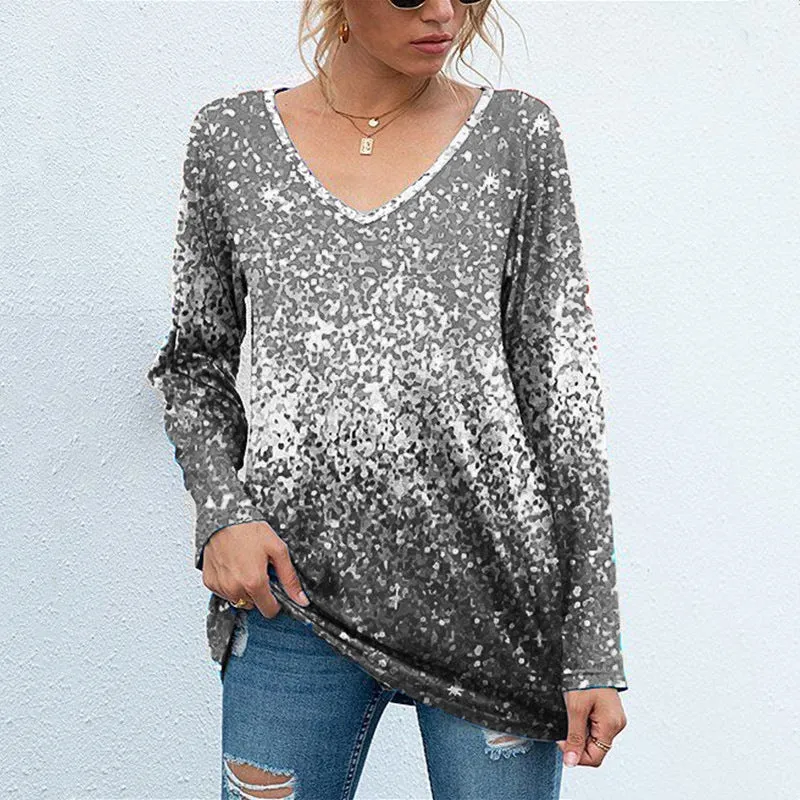 Colorblock printed long-sleeved V-neck casual loose top