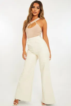 Cream High Waist Wide Leg Faux Leather Trousers - Hanika