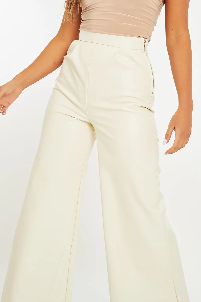 Cream High Waist Wide Leg Faux Leather Trousers - Hanika