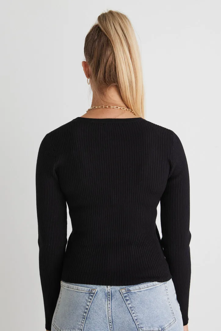 Criss-Cross Black Wrap Rib Knit Top