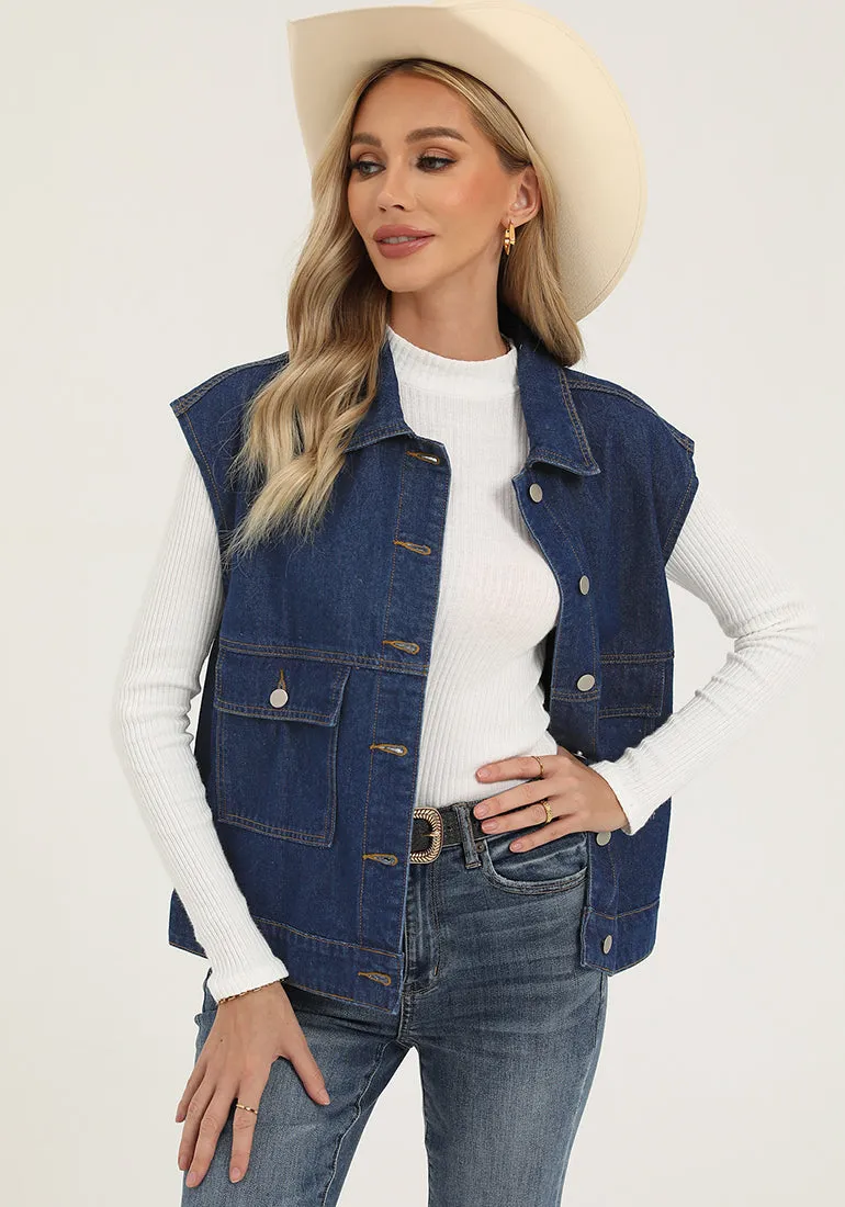 Darkness Blue Women's Casual Oversized Button Down Sleeveless Jean Jacket with Pockets