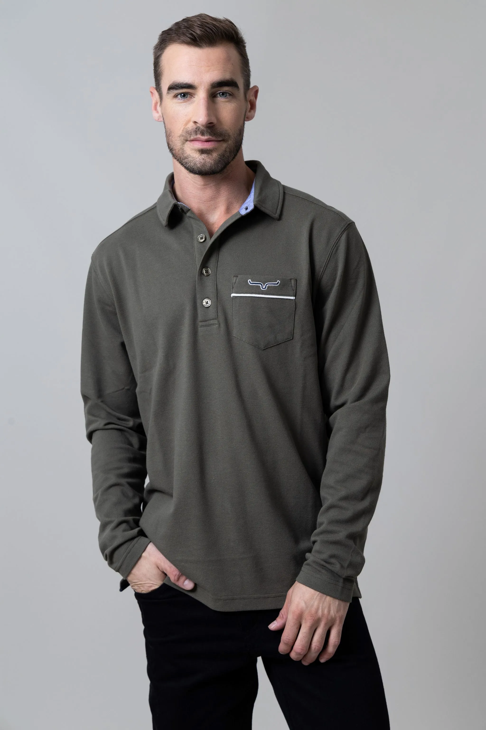 Army Green Deming Long Sleeve Polo Shirt