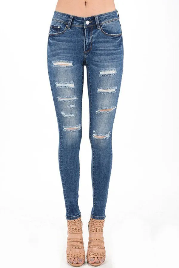 Distressed Low Rise Dark Blue Skinny Jeans