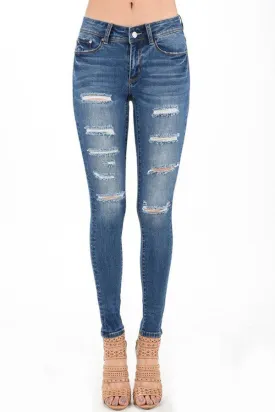 Distressed Low Rise Dark Blue Skinny Jeans