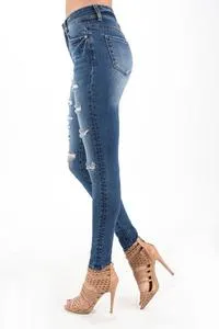 Distressed Low Rise Dark Blue Skinny Jeans