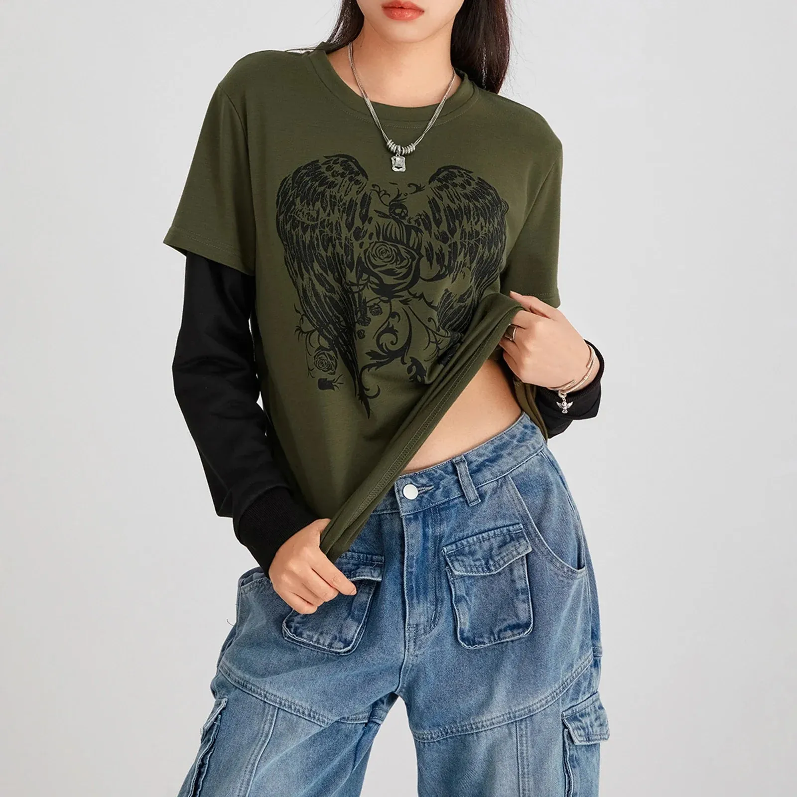 Fall Graphic Print Long Sleeve Slim Fit Tee Harajuku Tops Aesthetic Spring T-shirt