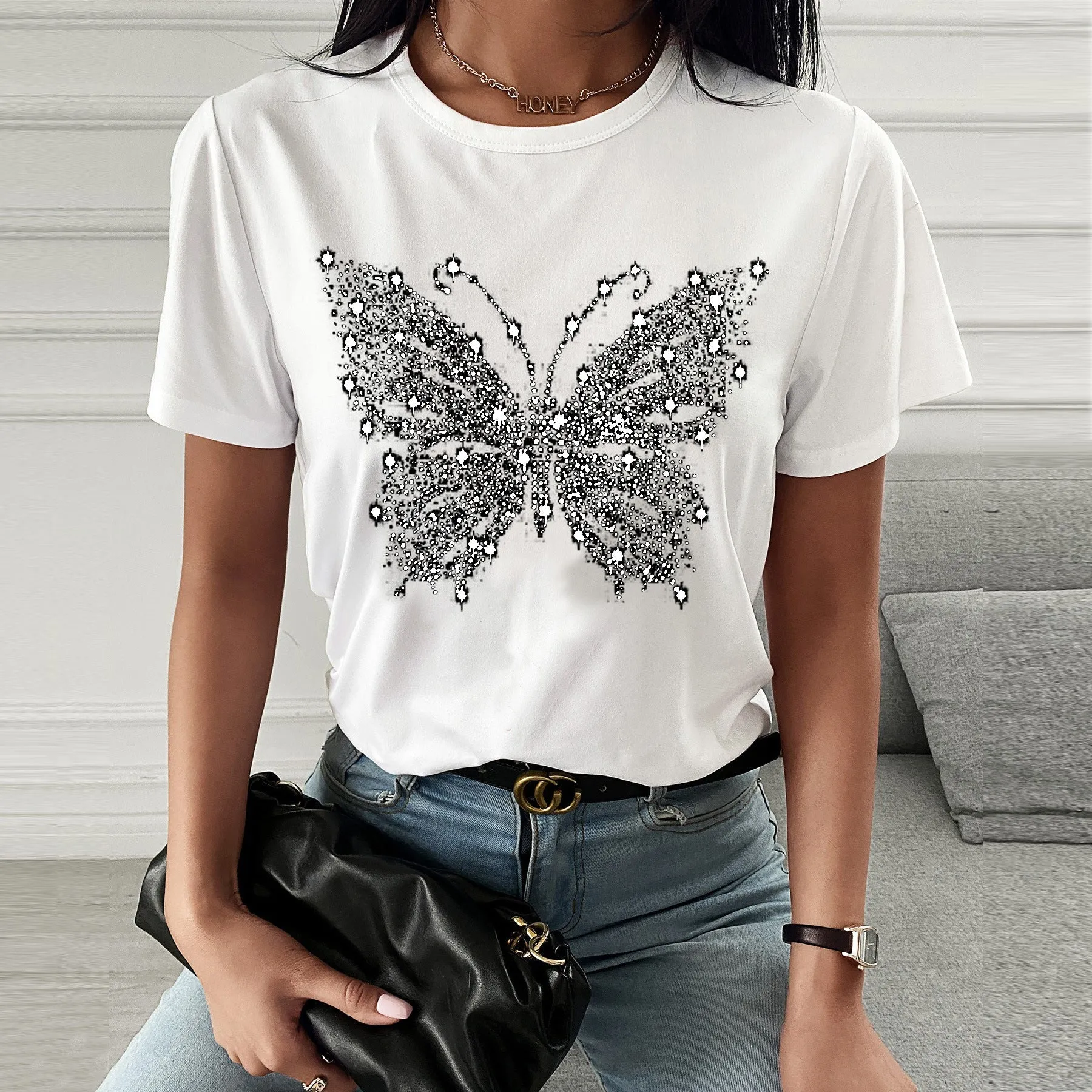 Fashion spring and summer butterfly printing short-sleeved T-shirt