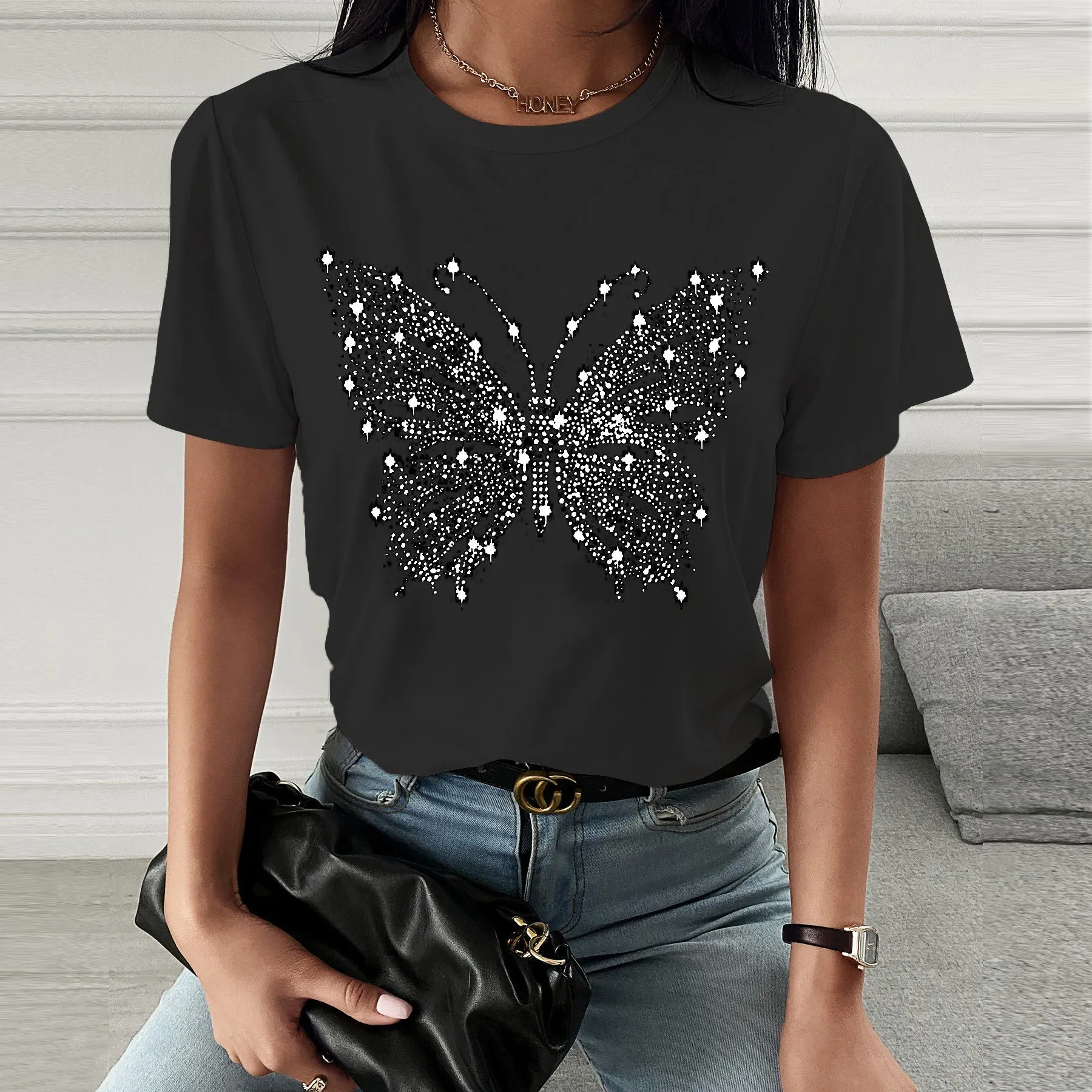 Fashion spring and summer butterfly printing short-sleeved T-shirt