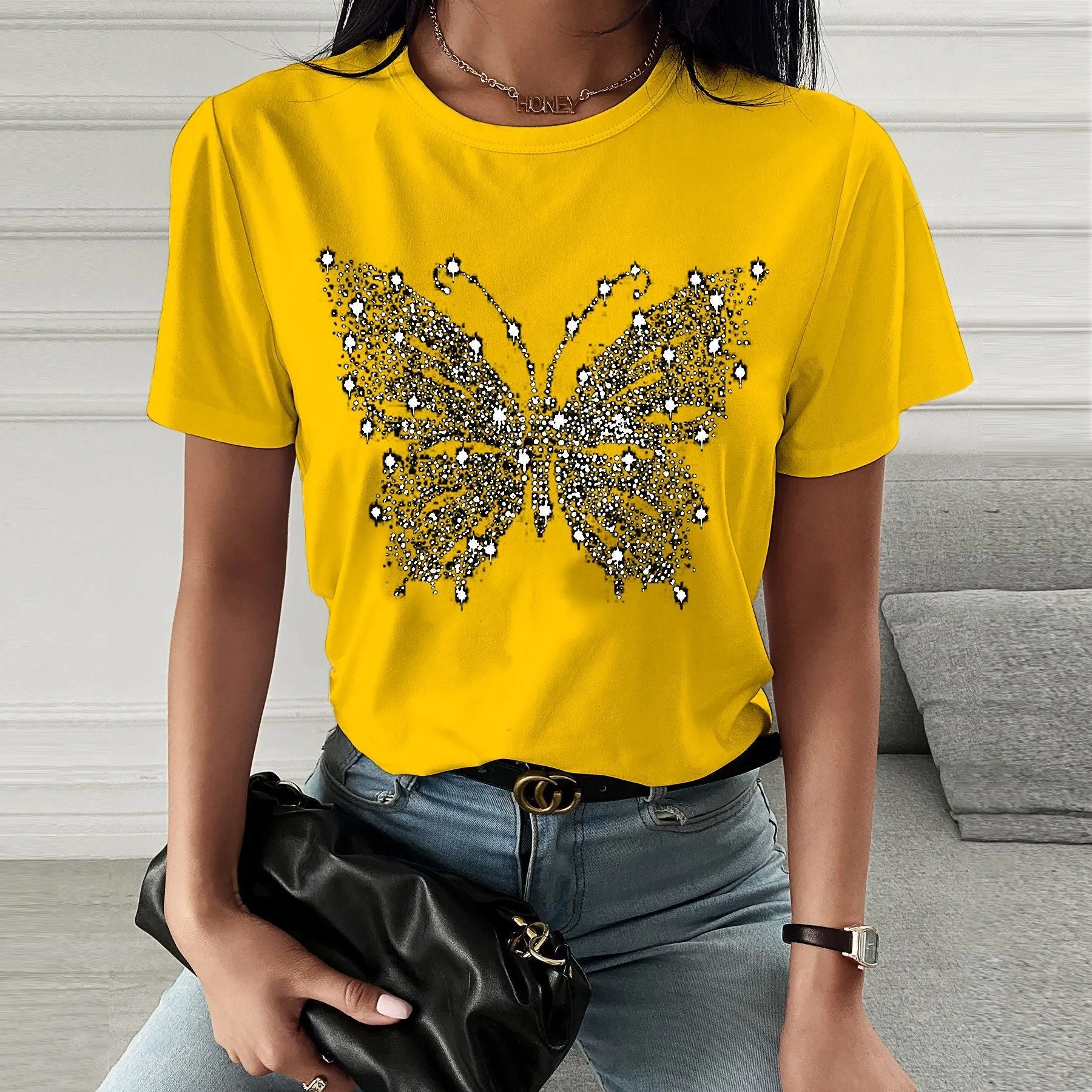 Fashion spring and summer butterfly printing short-sleeved T-shirt