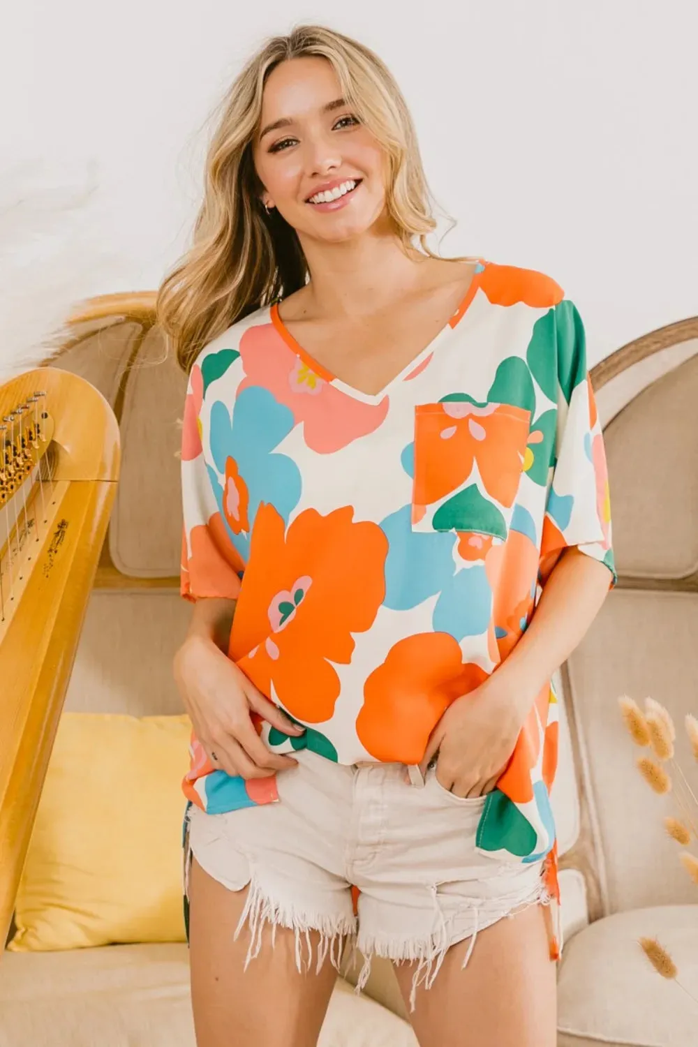 Floral V Neck Slit Side T-Shirt