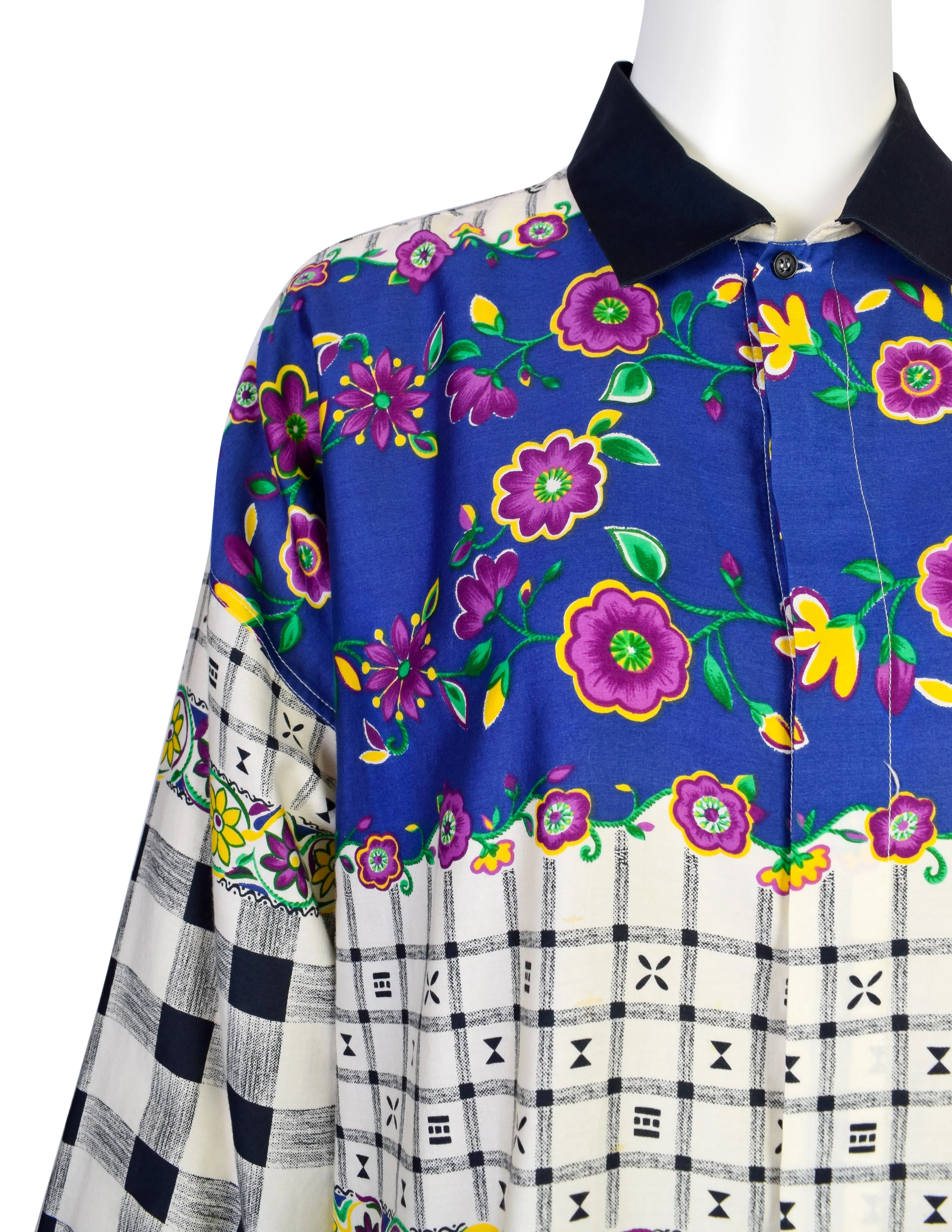 Gianni Versace Vintage 1980s Men's Gingham Floral Mixed Print Cotton Button Up Shirt