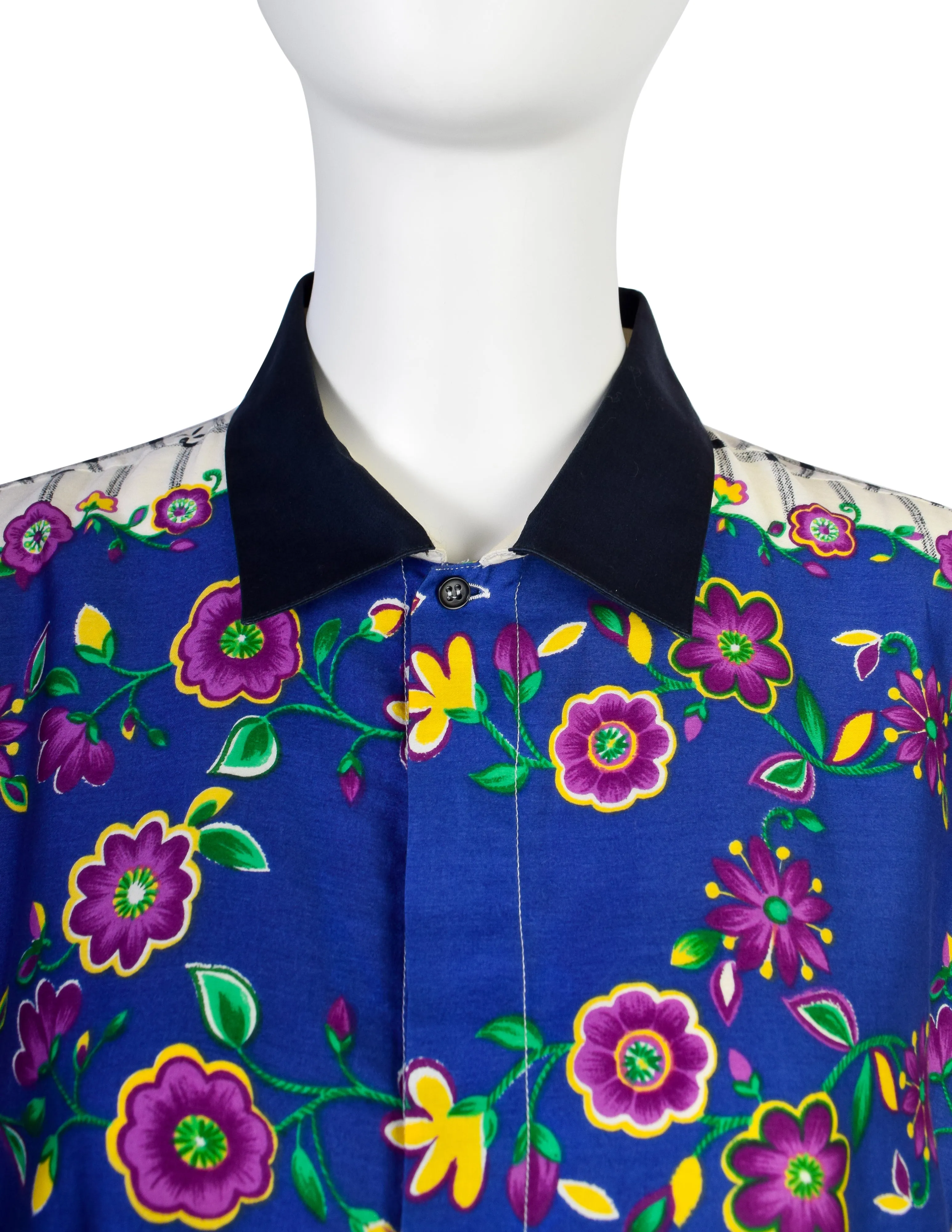 Gianni Versace Vintage 1980s Men's Gingham Floral Mixed Print Cotton Button Up Shirt