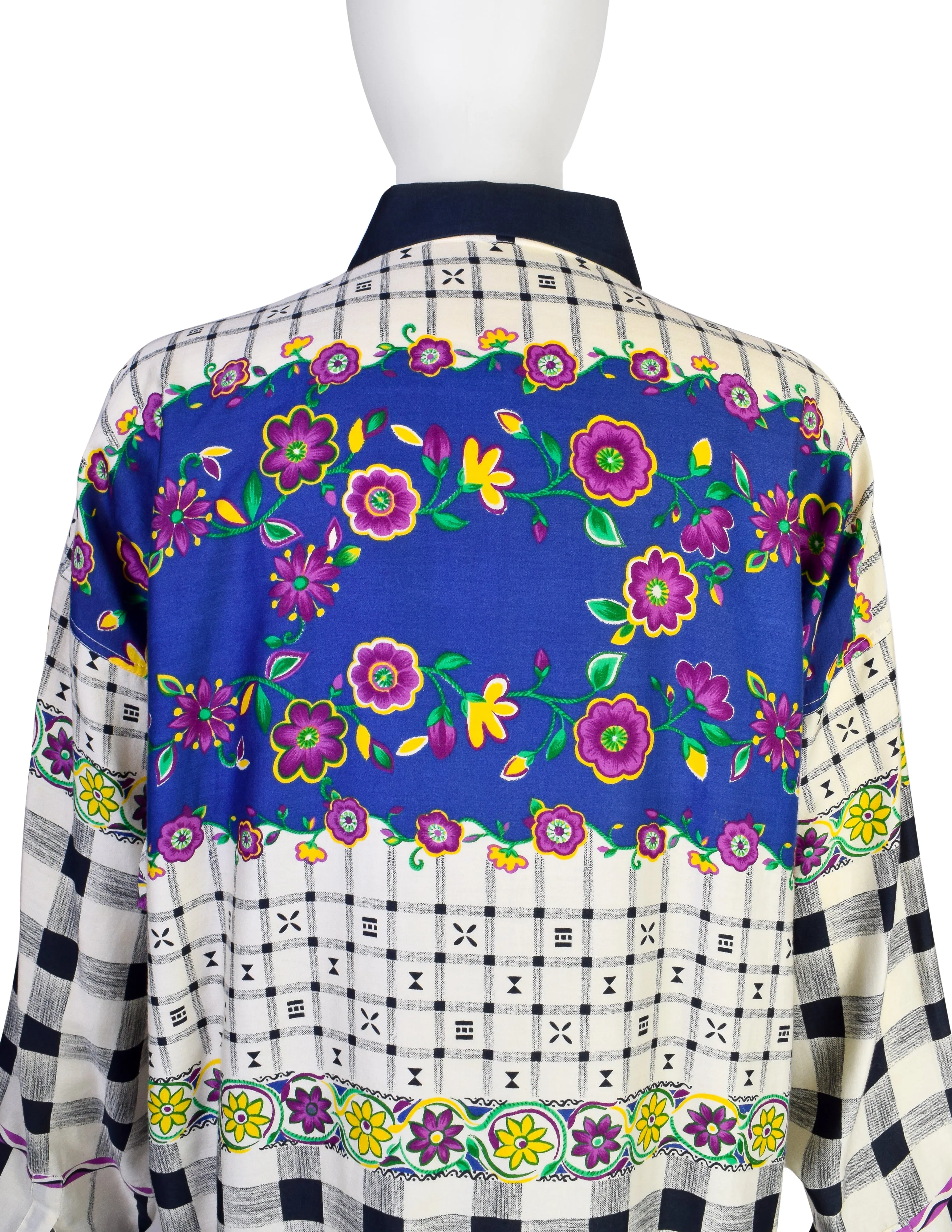 Gianni Versace Vintage 1980s Men's Gingham Floral Mixed Print Cotton Button Up Shirt